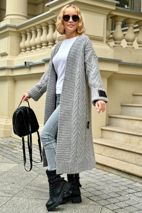 Długi kardigan z ozdobnym splotem kris ciemny szary