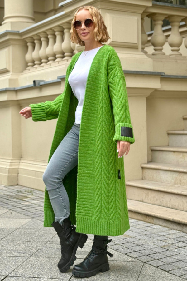 Długi kardigan z ozdobnym splotem kris trawa