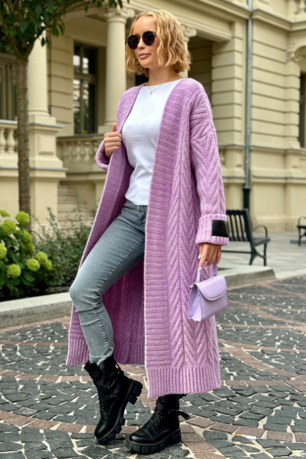 Długi kardigan z ozdobnym splotem kris lila