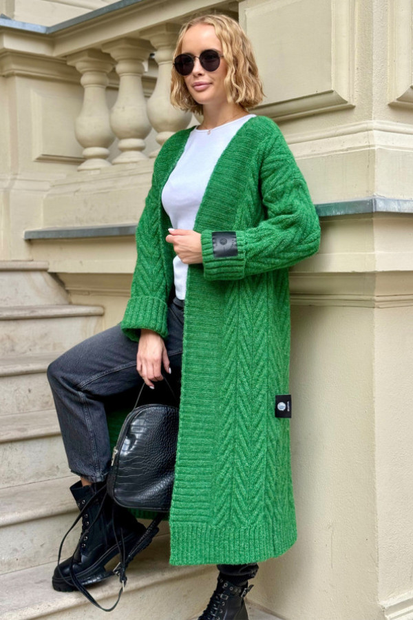 Długi kardigan z ozdobnym splotem kris zielony