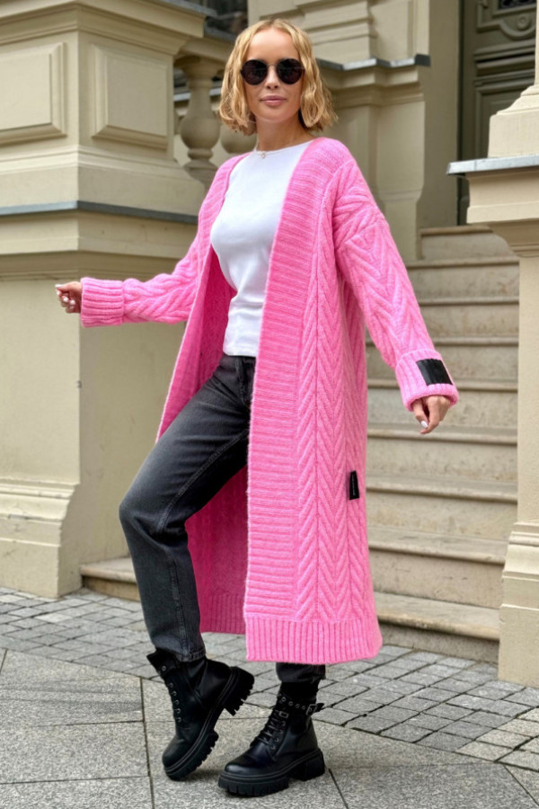 Długi kardigan z ozdobnym splotem kris baby róż