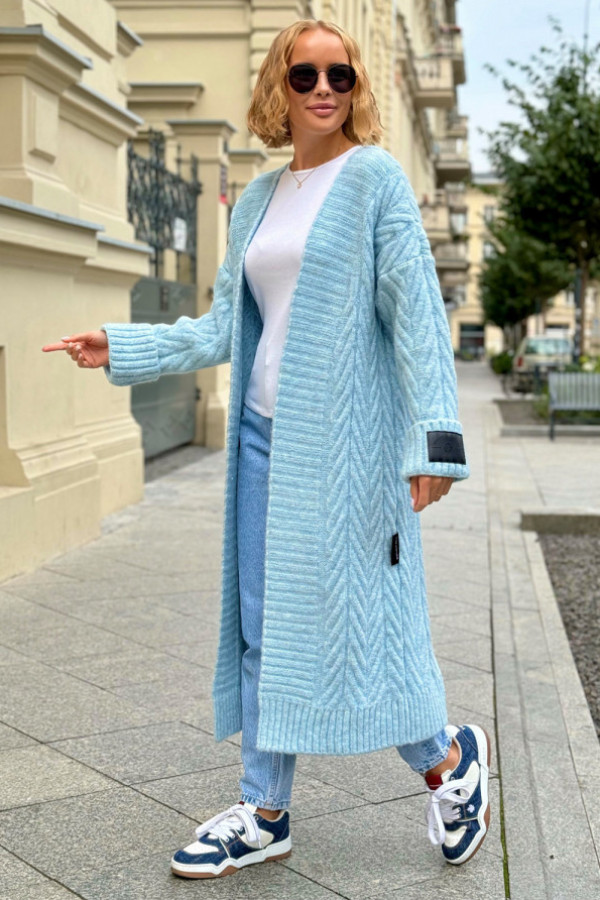 Długi kardigan z ozdobnym splotem kris błękit