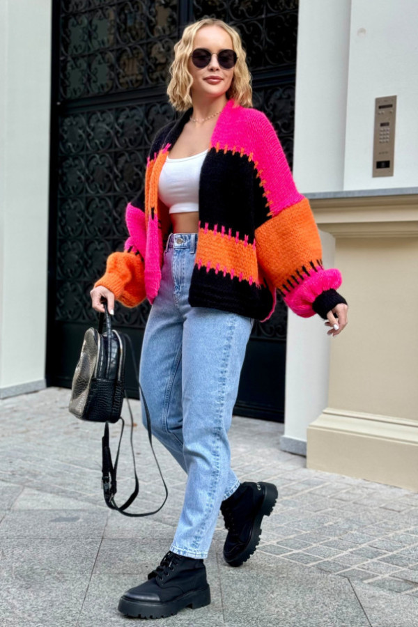 Krótki kardigan oversize aurora czarny-fuksja