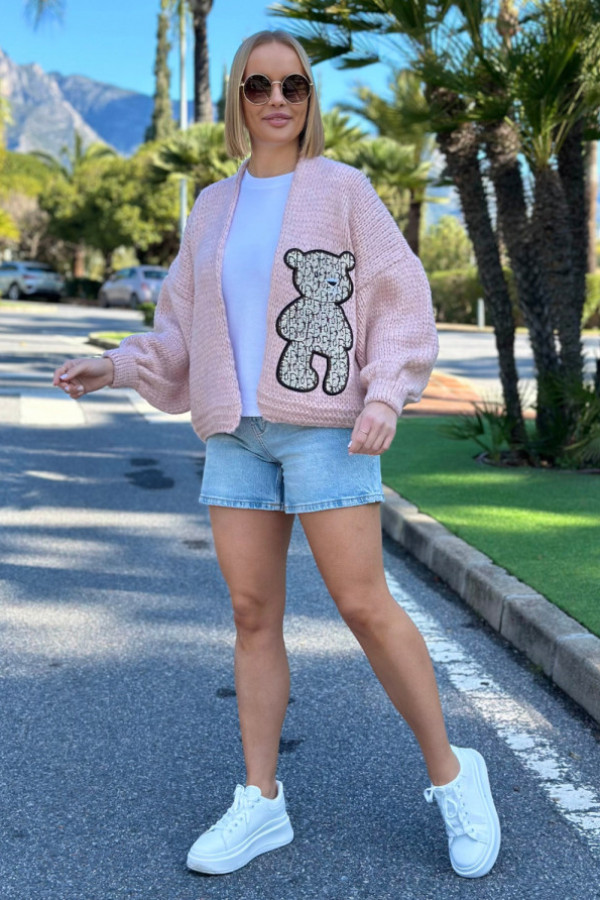Krótki kardigan oversize teddy puder róż