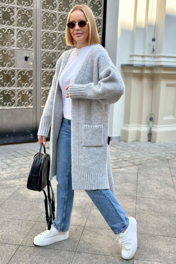 Długi kardigan z kieszeniami aron szary