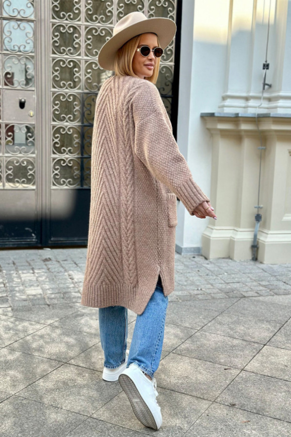 Długi kardigan z kieszeniami aron latte