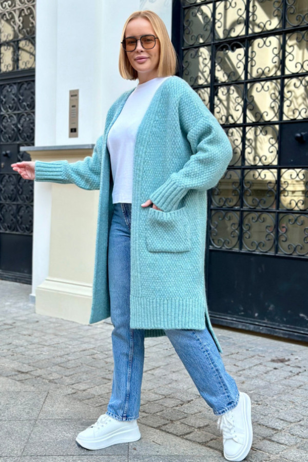 Długi kardigan z kieszeniami aron turkus