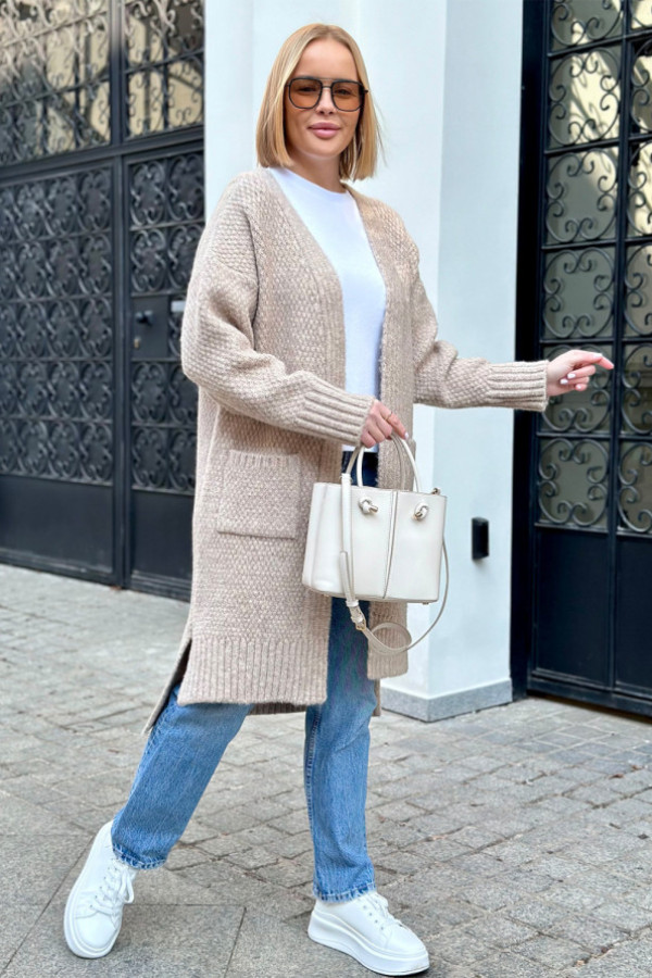 Długi kardigan z kieszeniami aron beż