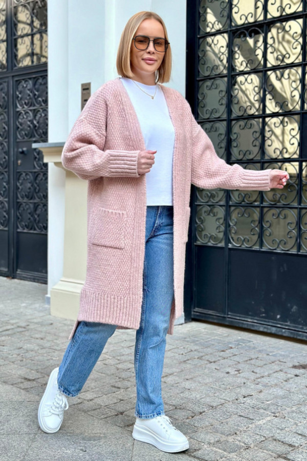 Długi kardigan z kieszeniami aron puder róż