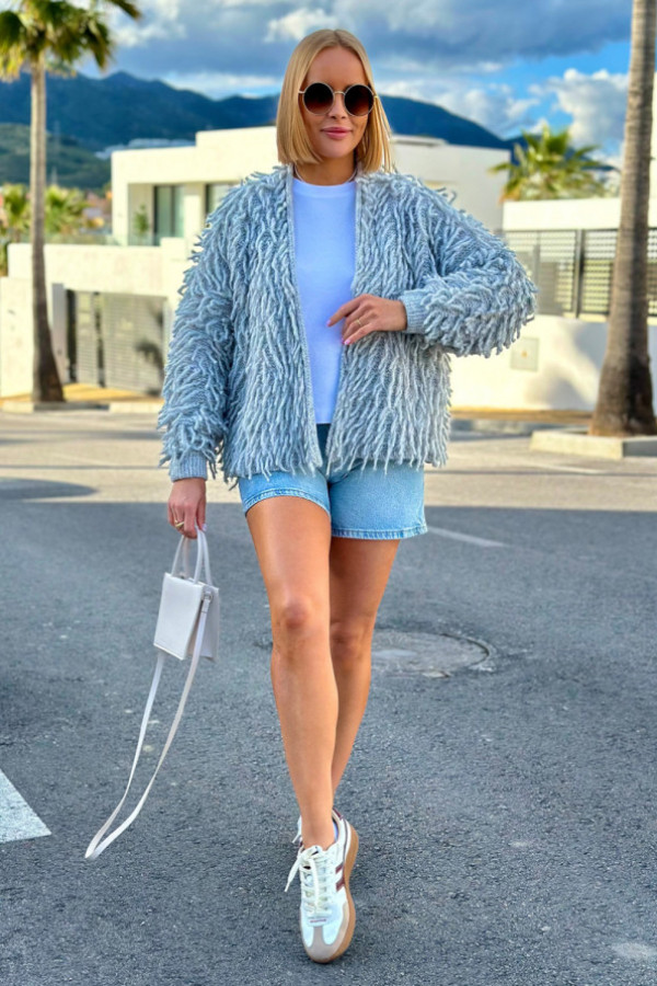 Krótki kardigan z frędzlami frangia szary