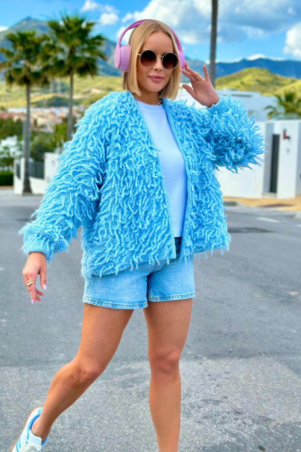 Krótki kardigan z frędzlami frangia błękit