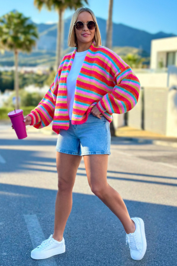 Krótki kardigan pinacolada fuksja-cytryna-baby róż