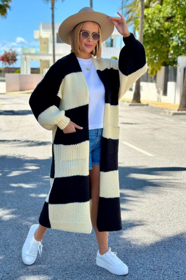 Długi kardigan oversize agnes wanilia-czarny