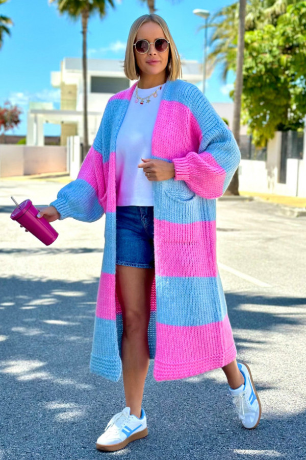 Długi kardigan oversize agnes błękit-baby róż