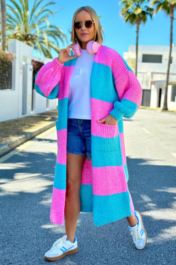 Długi kardigan oversize agnes baby róż-niebo