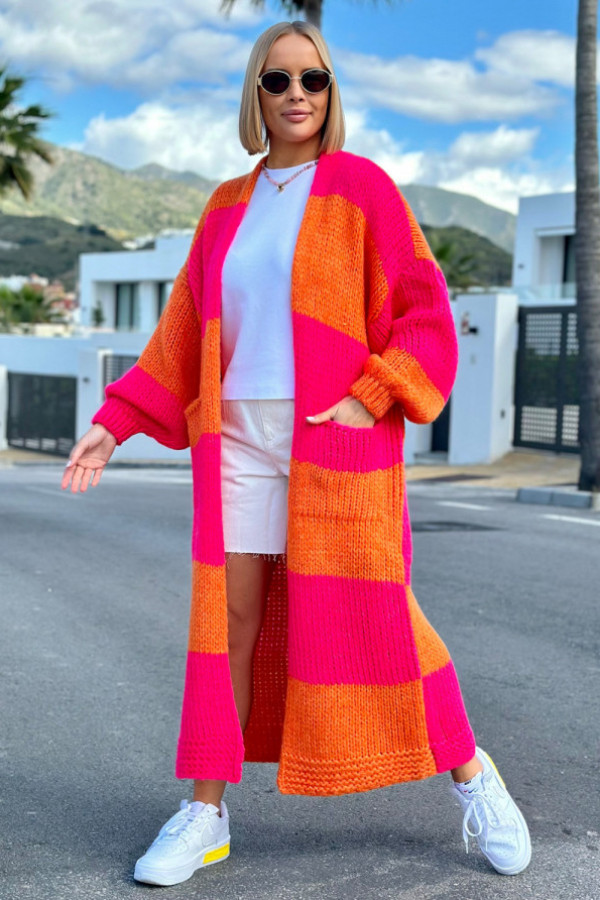Długi kardigan oversize agnes fuksja-pomarańcz