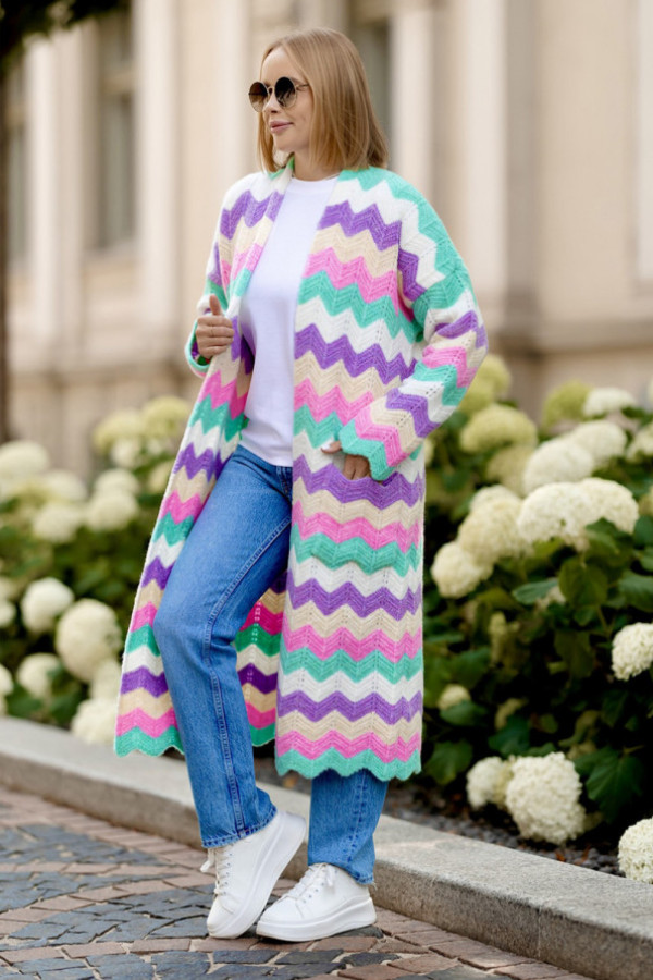 Długi kardigan z kieszeniami wendy seledyn-baby róż