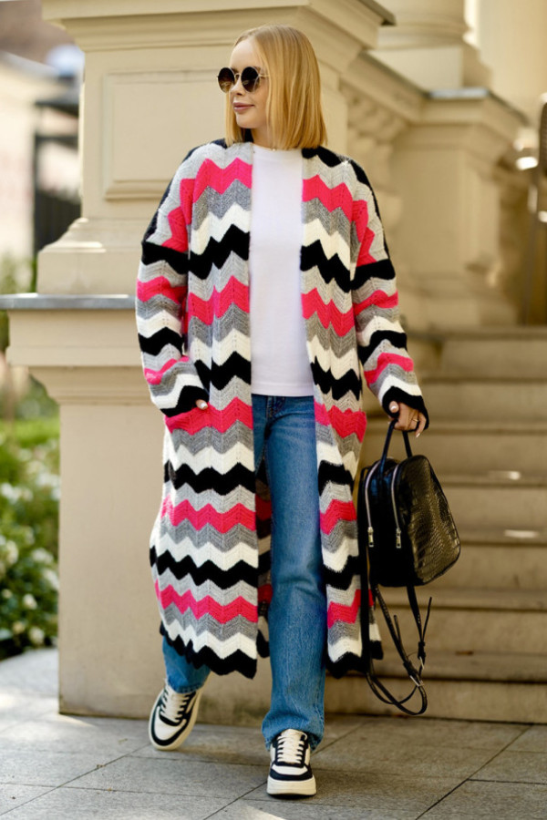 Długi kardigan z kieszeniami wendy czarny-ecru