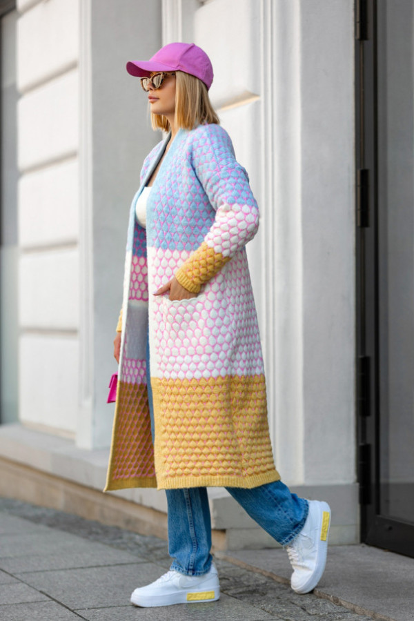 Długi kardigan z kieszeniami becca błękit-ecru-cytryna