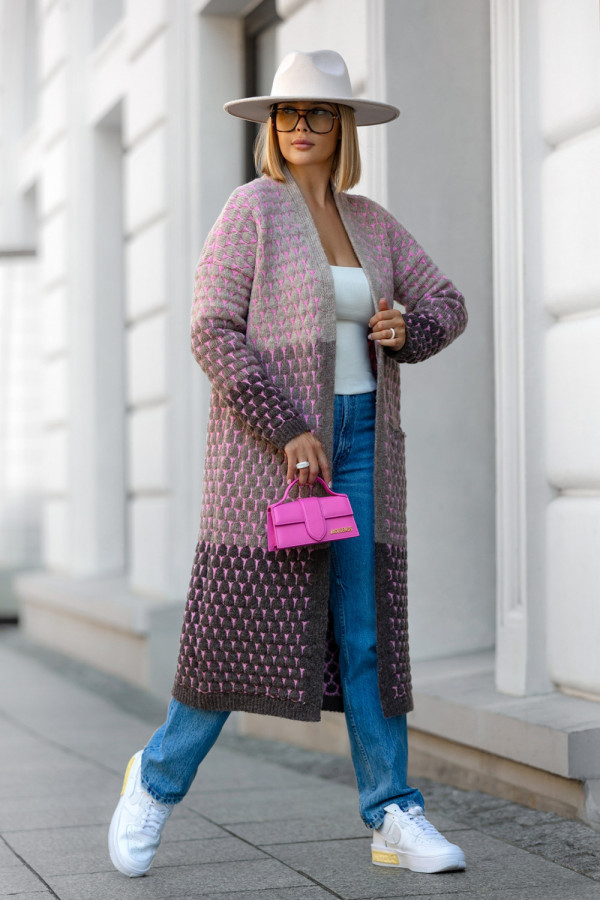 Długi kardigan z kieszeniami becca baby róż-beż-kakao-ciemne kakao