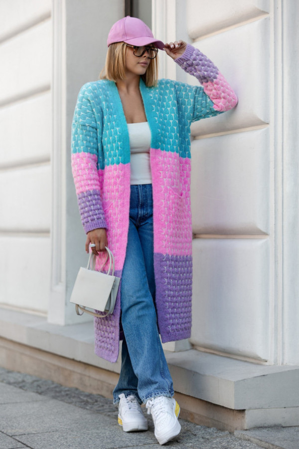 Długi kardigan z kieszeniami becca niebo-baby róż-lila
