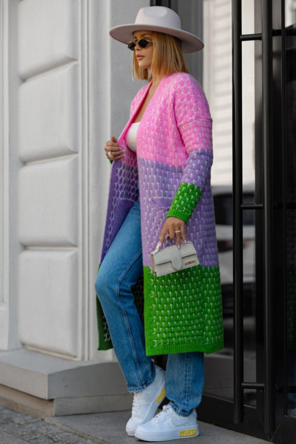 Długi kardigan z kieszeniami becca baby róż-lila-trawa