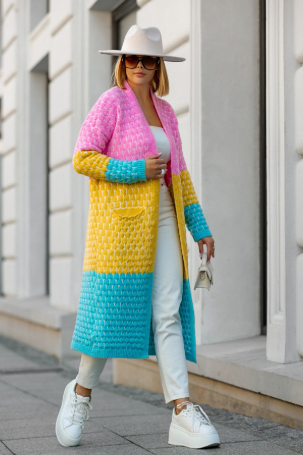 Długi kardigan z kieszeniami becca baby róż-cytryna-niebo