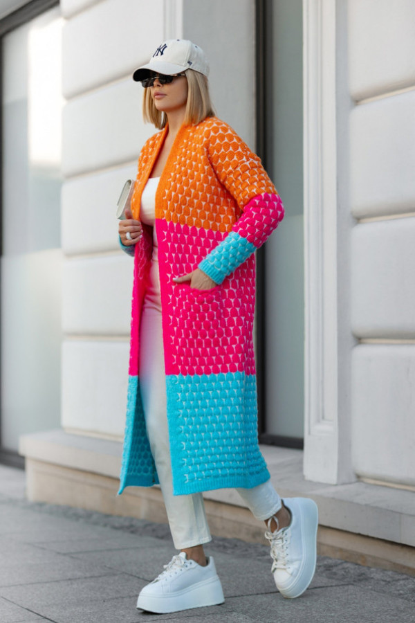 Długi kardigan z kieszeniami becca pomarańcz-fuksja-niebo