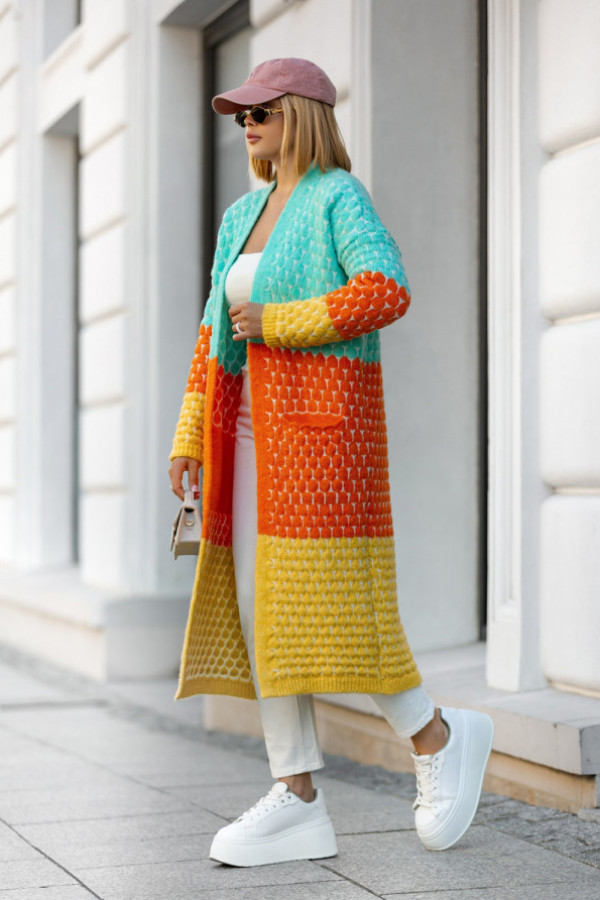 Długi kardigan z kieszeniami becca seledyn-pomarańcz-cytryna