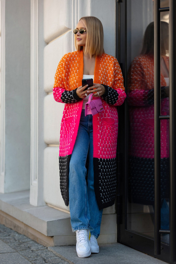 Długi kardigan z kieszeniami becca pomarańcz-fuksja-czarny