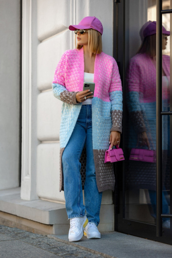 Długi kardigan z kieszeniami becca baby róż-błękit-kakao