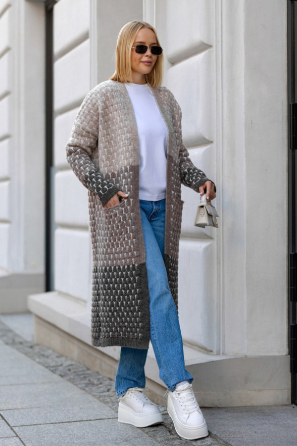 Długi kardigan z kieszeniami becca beż-kakao-ciemne kakao