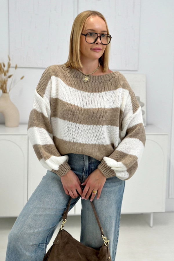 Sweter oversize w paski tinna latte-ecru