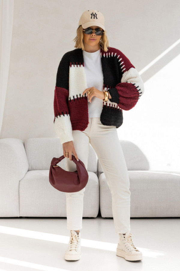 Krótki kardigan oversize aurora czarny-burgund-ecru