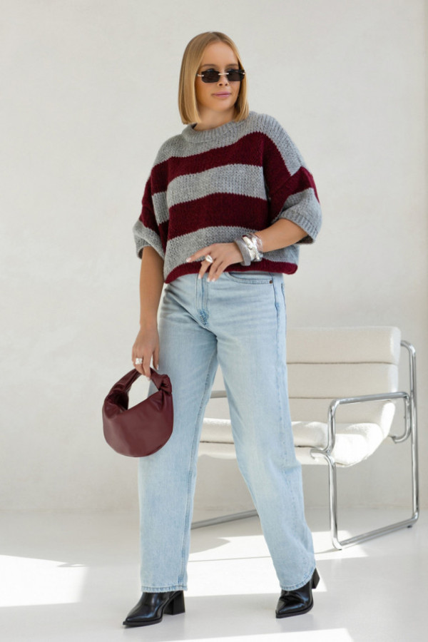 Krótki sweter w paski gabriella ciemny szary-burgund