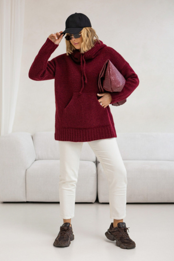 Sweter oversize z kapturem kangurka burgund
