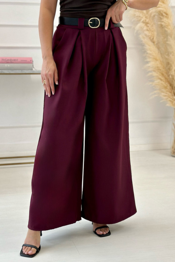 Eleganckie spodnie z paskiem wide leg burgund