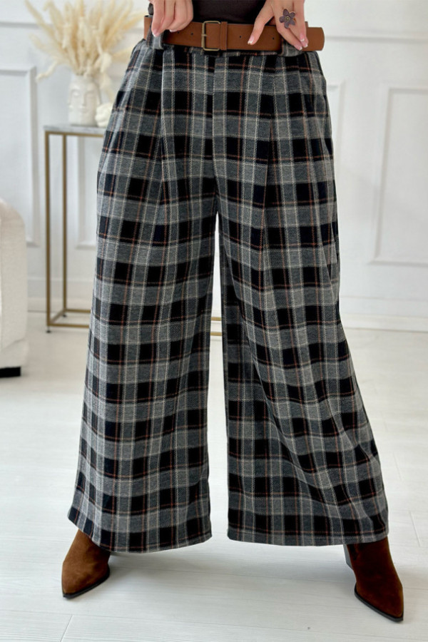 Spodnie w kratę z paskiem wide leg bela szaro-czarne