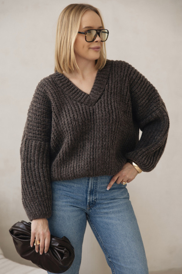 Sweter z dekoltem w serek isabella ciemne kakao