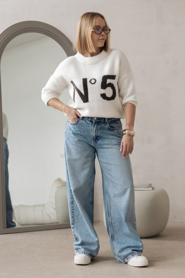 Sweter z napisem noelle ecru-ciemne kakao