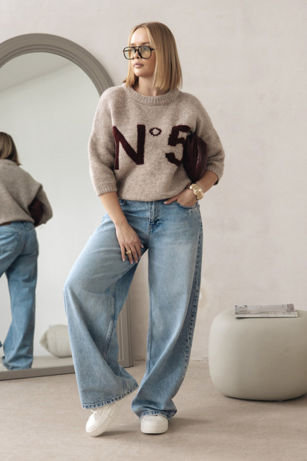 Sweter z napisem noelle beż-burgund