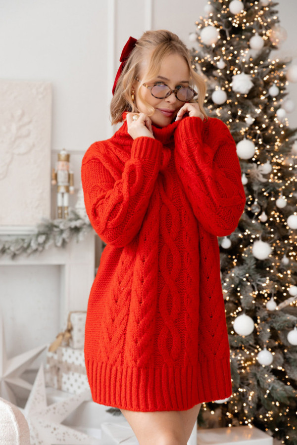 Długi pleciony sweter z golfem aura czerwony