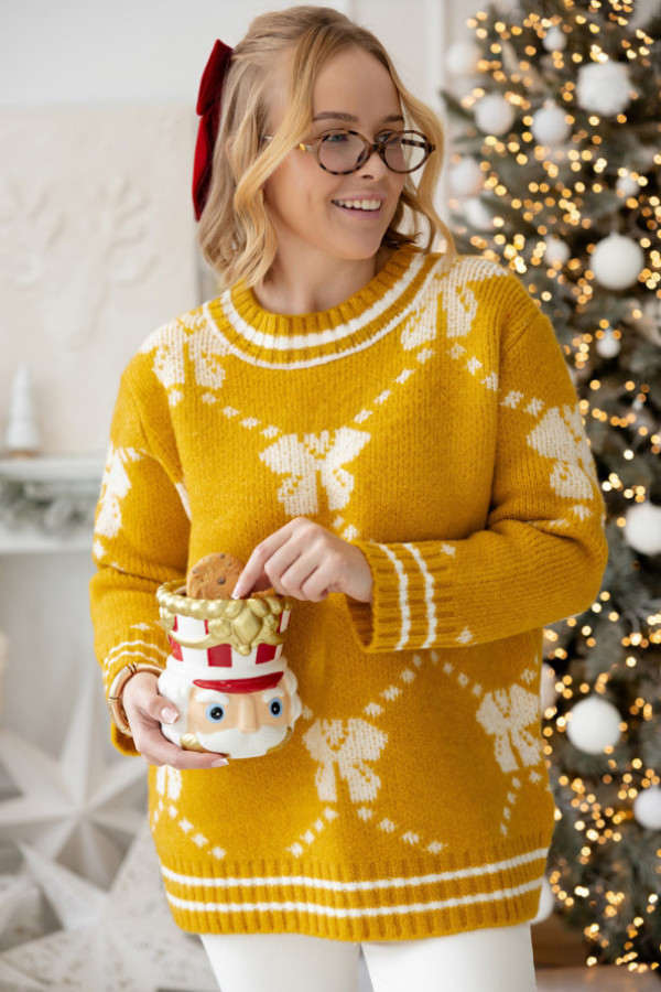 świąteczny sweter we wzory holly musztarda