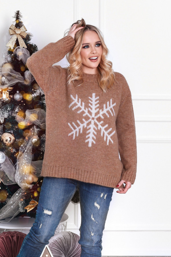 świąteczny sweter ze śnieżynką snowflake karmel