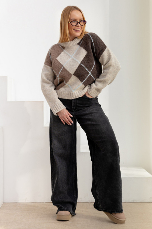 Sweter w romby z wełną francisca beż-błękit