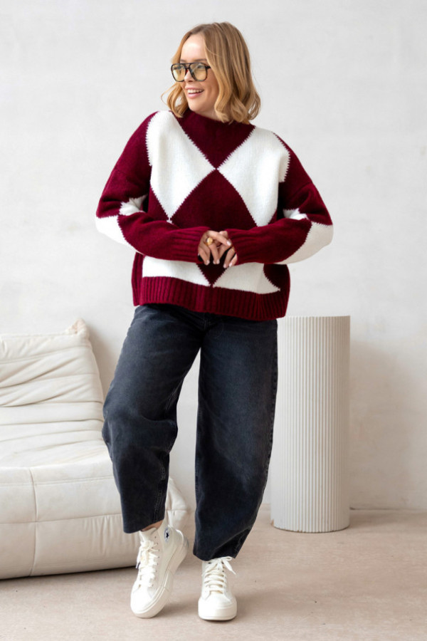 Sweter w romby anastasia burgund-ecru