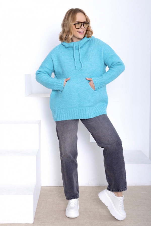 Sweter oversize z kapturem kangurka niebo