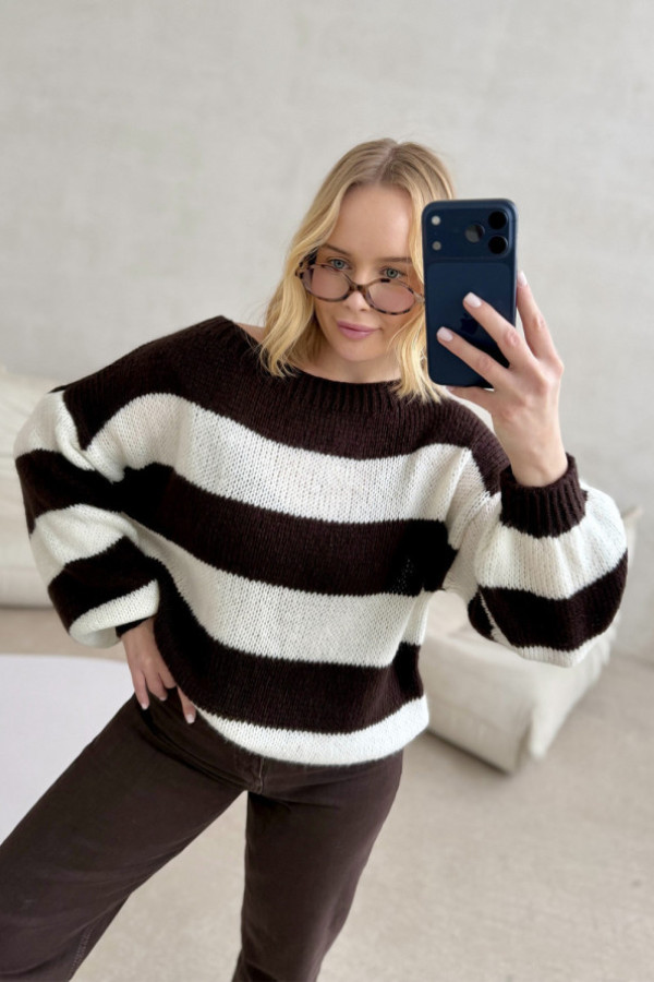 Sweter oversize w paski tinni czekolada-ecru