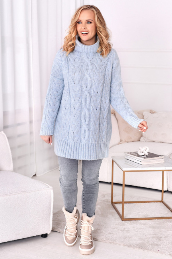 Długi pleciony sweter z golfem aura błękit
