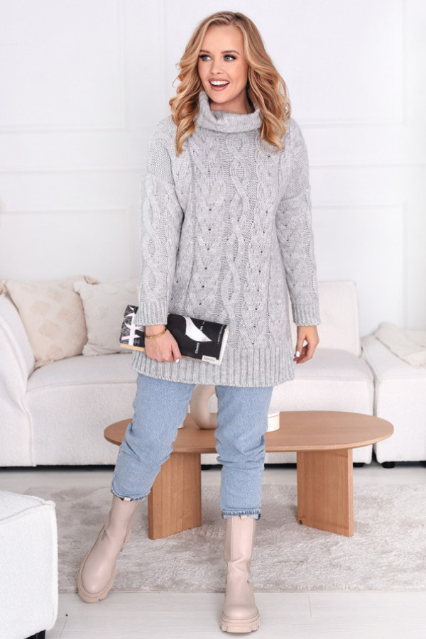 Długi pleciony sweter z golfem aura szary